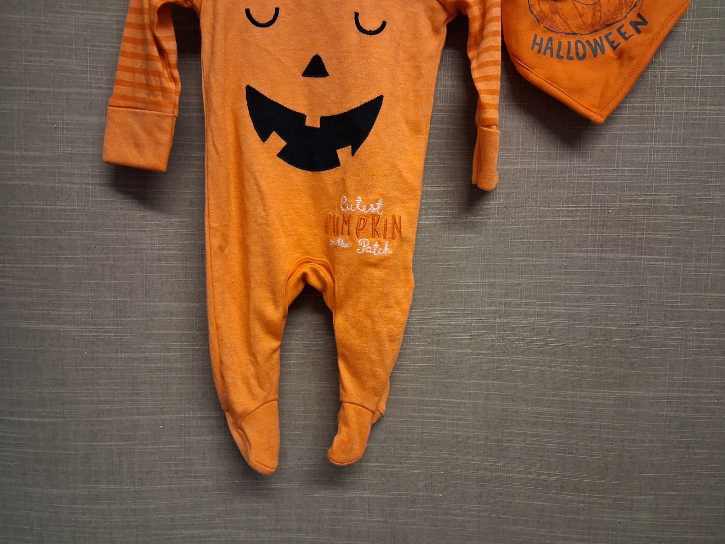 F&F Halloween Orange Pumpkin Sleepsuit Romper with Bib Age 0-3 Months
