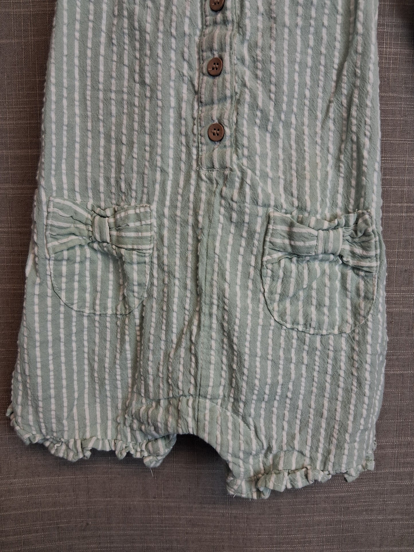 Matalan Girls Summer Romper Green White Striped With Hat Age 9-12 Months