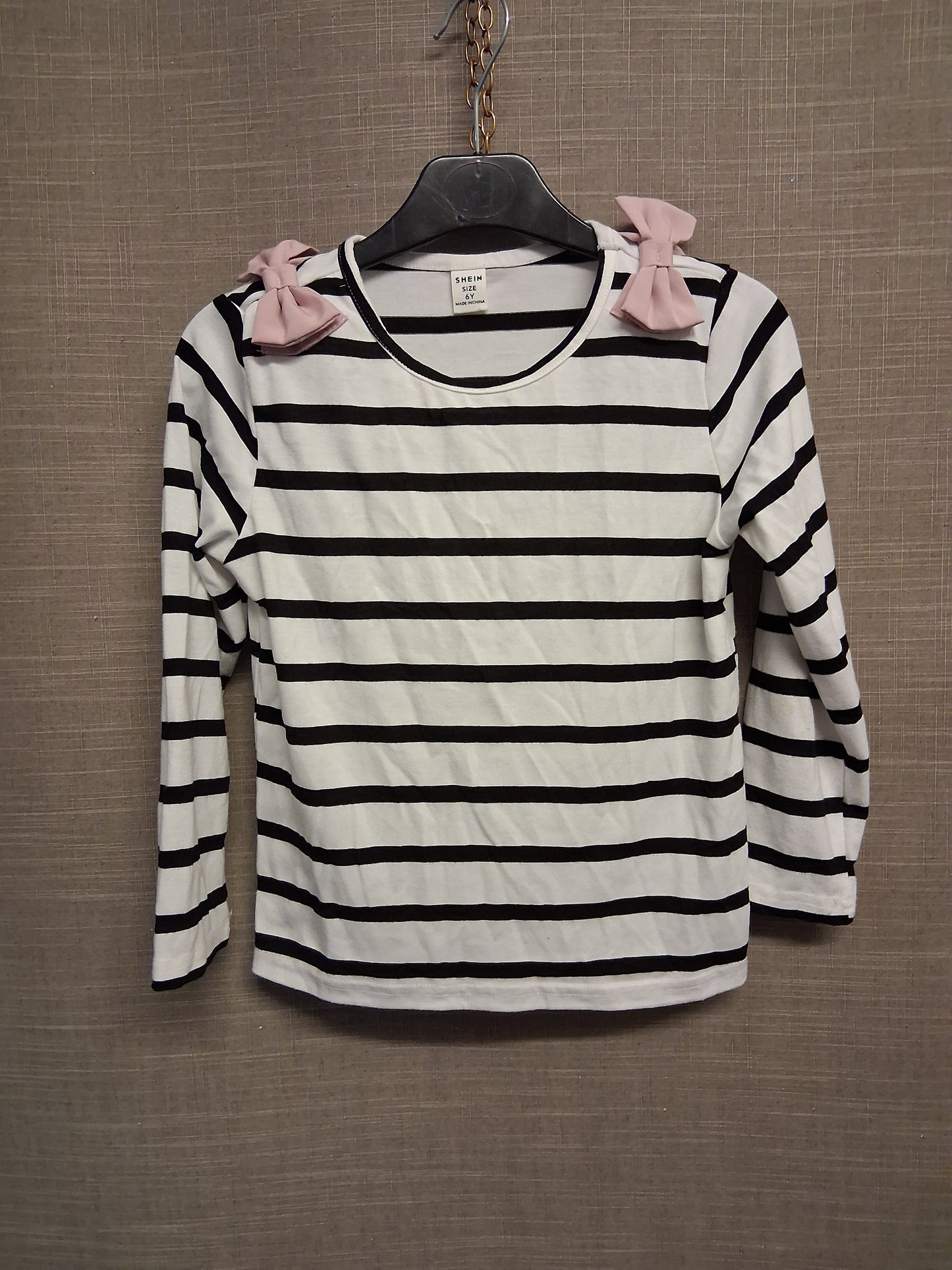 Shein Black White Striped Long Sleeve T-Shirt Pink Bow Detail Age 6 Years