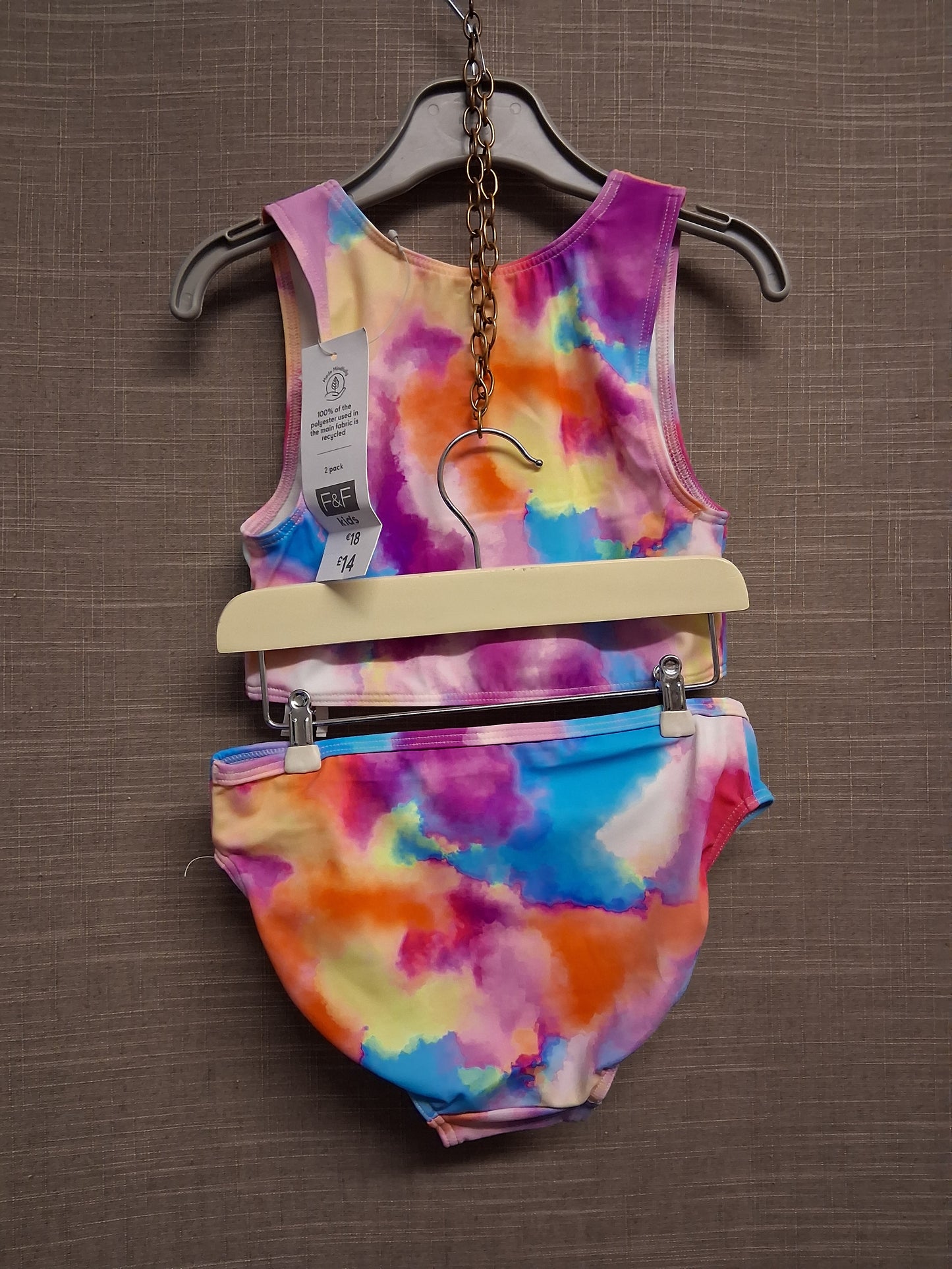 F&F Girls Pink Tie Dye 2 Piece Bikini Set Swimwear Age 6-7 Years New