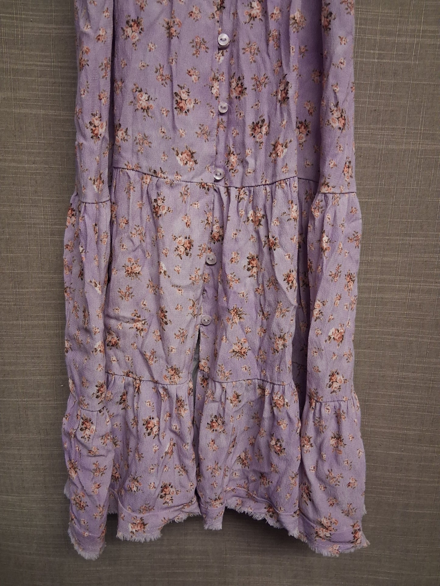 Zara Girls Purple Cream Floral Tiered Long Dress Frayed Hem Age 7 Years
