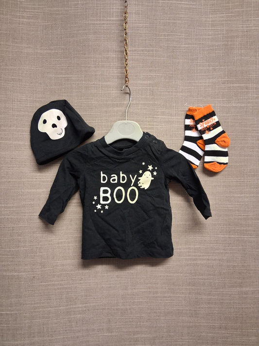 F&F Boys Halloween Set Black Long Sleeve T-Shirt, Hat and Socks Age 0-3 Months