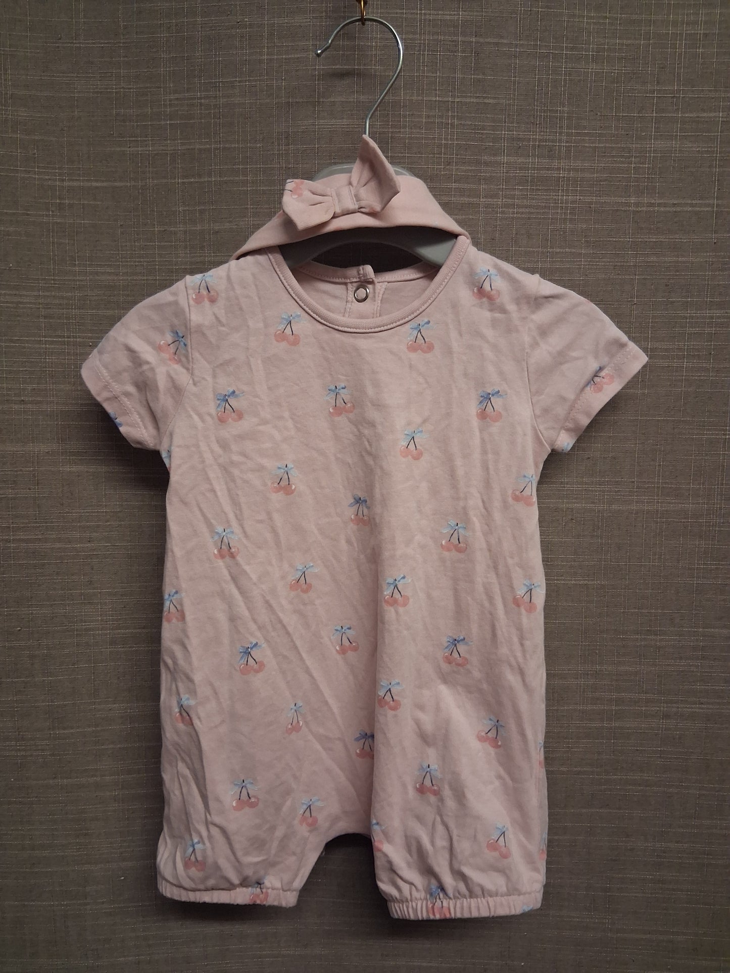 George Girls Pink One Piece Romper Cherry Print with Headband Age 3-6 Months
