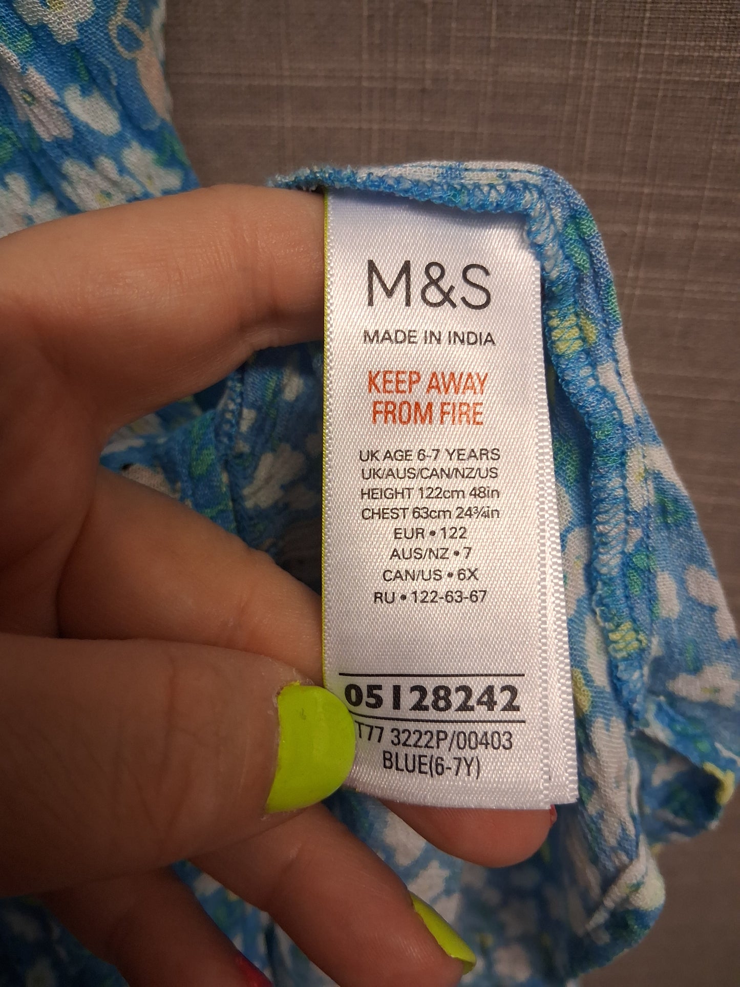 Marks & Spencer Girls Blue Floral Short Sleeve Dress Age 6-7 Years New