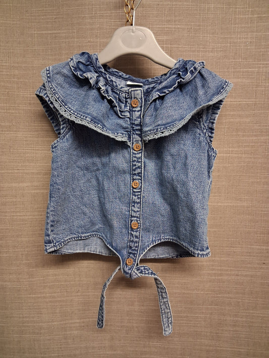 Next Girls Denim Sleeveless Blouse Ruffle Collar Tie Front Age 3 Years