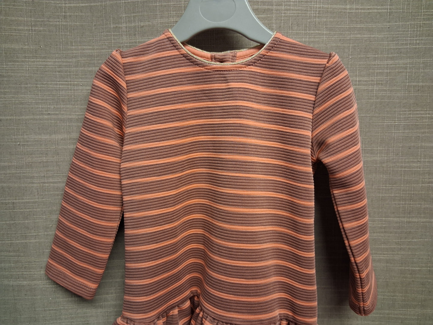 Mamas & Papas Dusky Pink Gold Stripe Long Sleeve Drop Waist Dress Age 18-24 Months