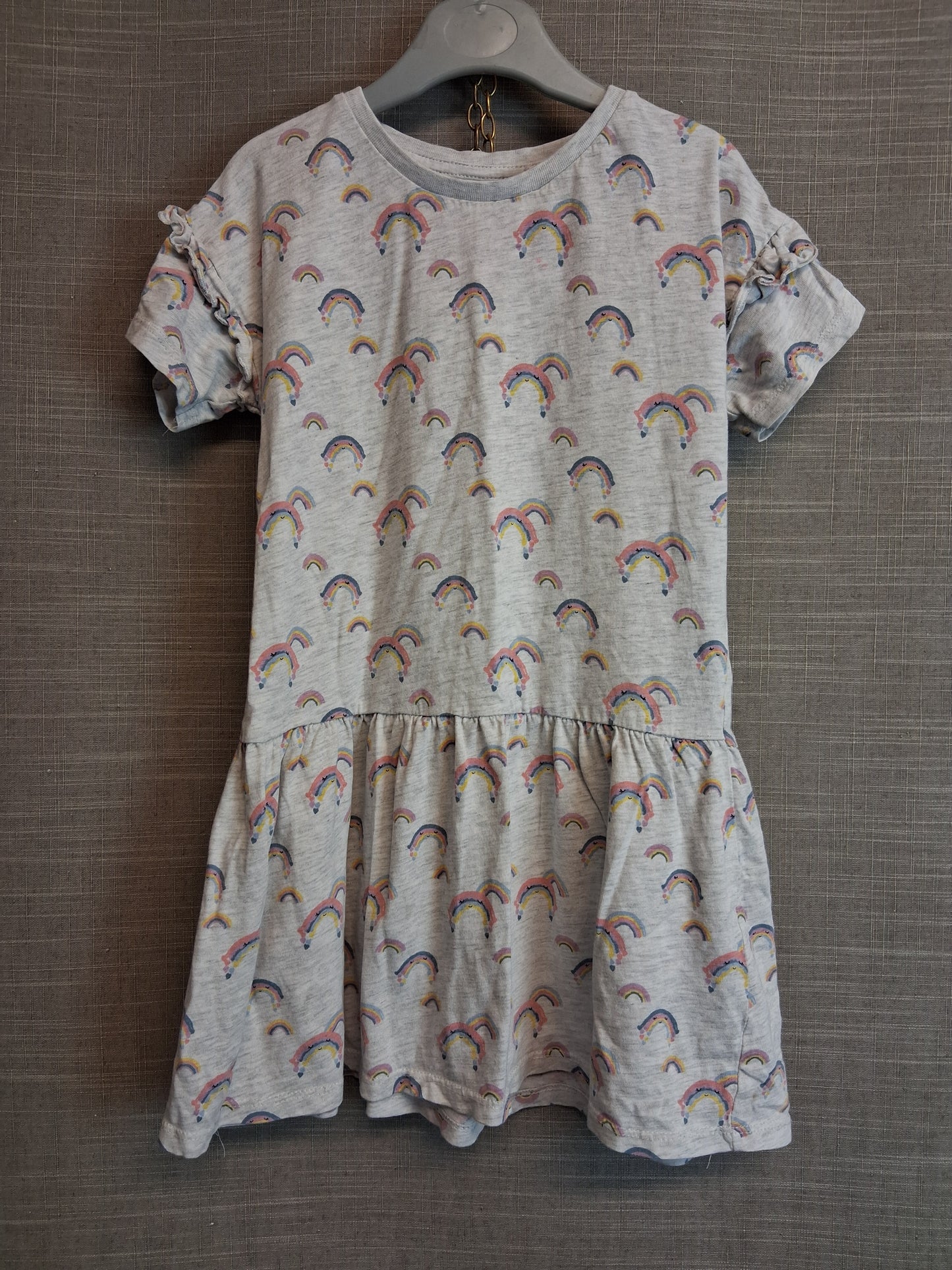 Matalan Girls Grey Rainbow Theme Jersey Dress Short Sleeve Age 5-6 Years