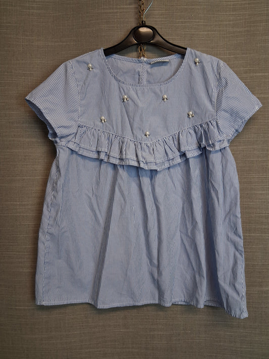 Matalan Girls Blue White Stripe Short Sleeve Top Pearl Detail Age 13 Years