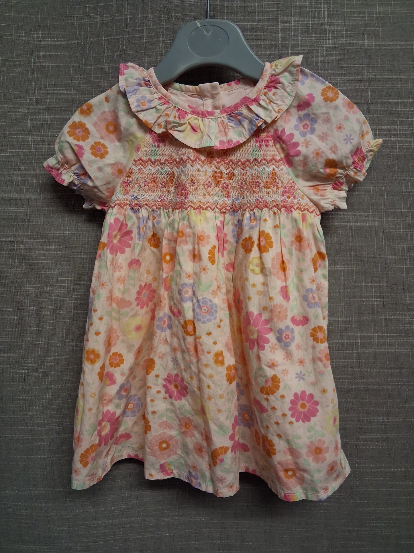 Nutmeg Girls Peach Floral Dress A Line Short Sleeve Age  9-12 Months