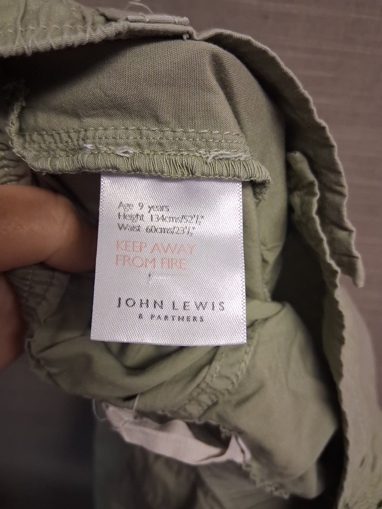 John Lewis Boys Khaki Green Cargo Chinos Age 10 Years