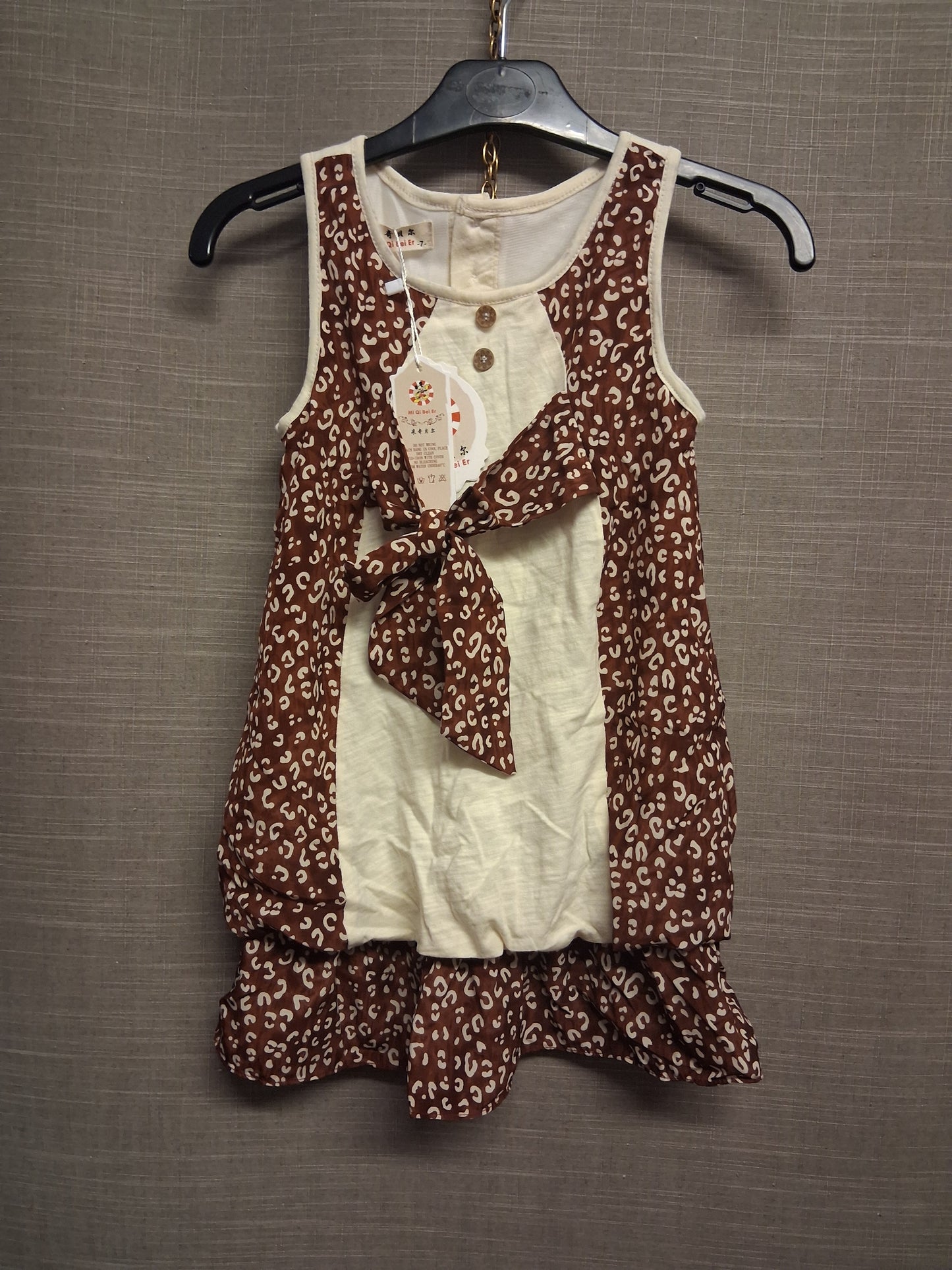 Shein Girls Brown Cream Sleeveless Tunic Top Tie Front Elastic Waist Age 7 Years New
