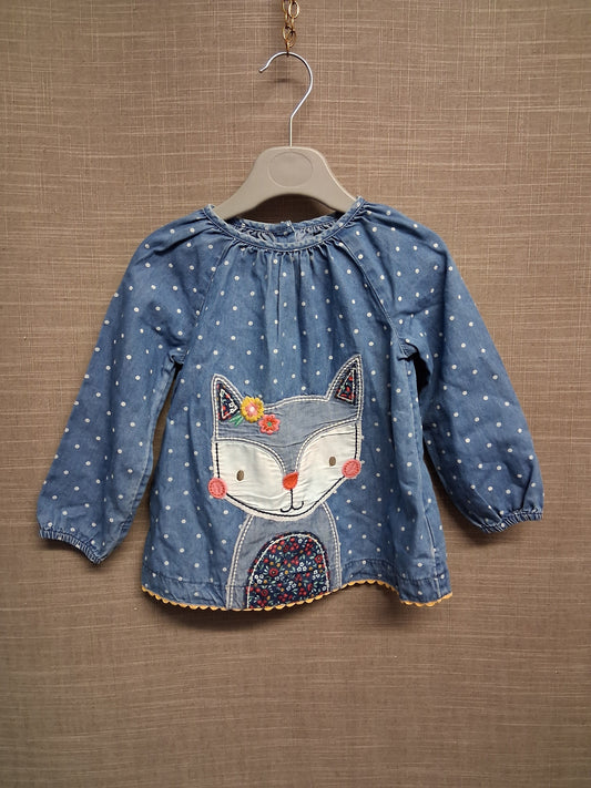 Mothercare Girls Blue Denim Long Sleeve Top Cat Patchwork Age 18-24 Months