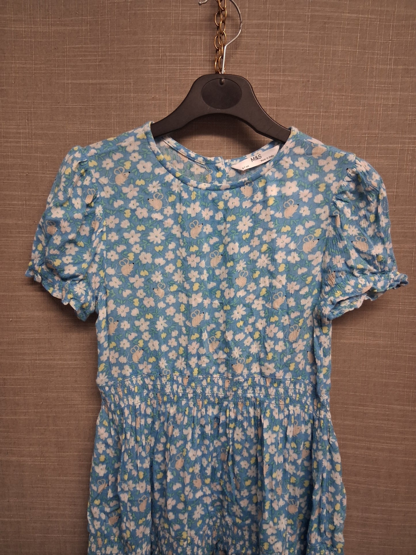 Marks & Spencer Girls Blue Floral Short Sleeve Dress Age 6-7 Years New