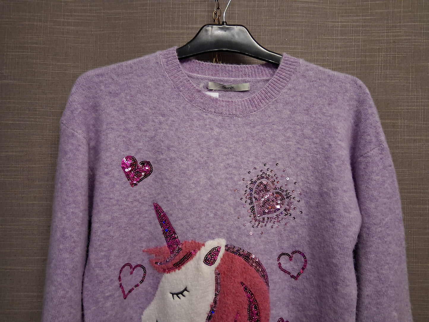 George Girls Lilac Sequin Unicorn Knitted Sweater Age 13-14 Years New