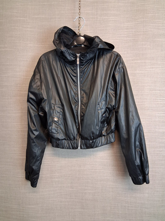 Peacocks Miss E-Vie Girls Black Shiny Cropped Jacket With Hood Age 9-10 Years