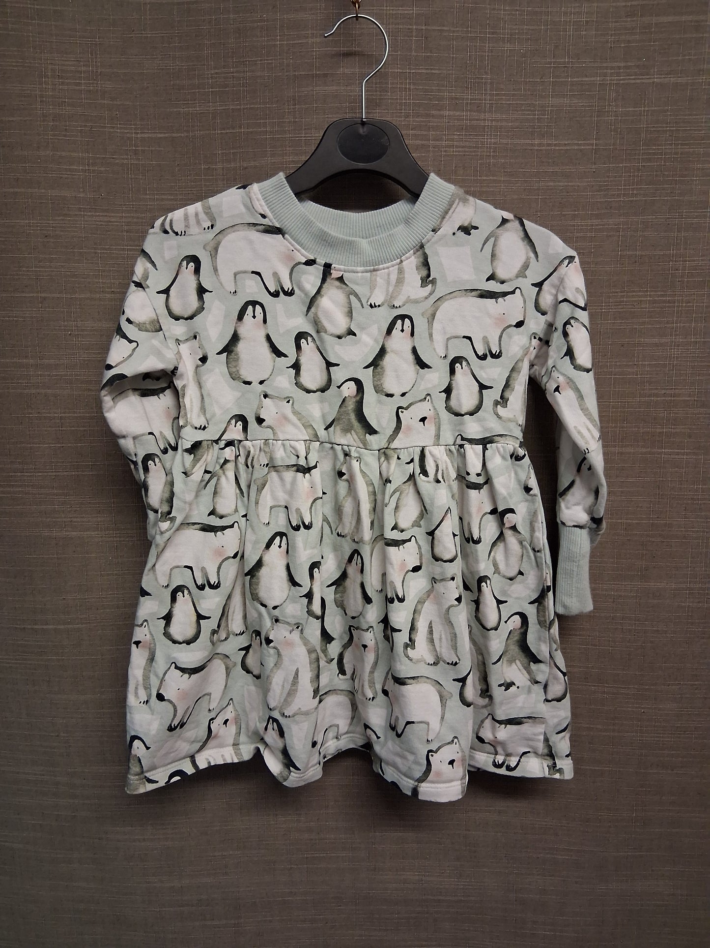 Next Girls Grey Blue Penguin Polar Bear Jumper Dress Jersey Age 3-4 Years