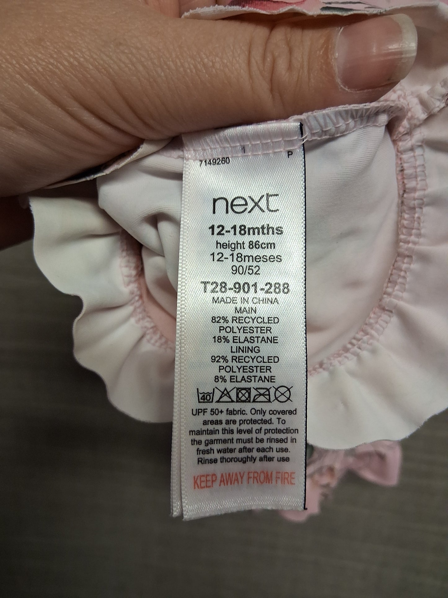 Next Girls Pink Floral UV Swimsuit All in One Age 12-18 Months