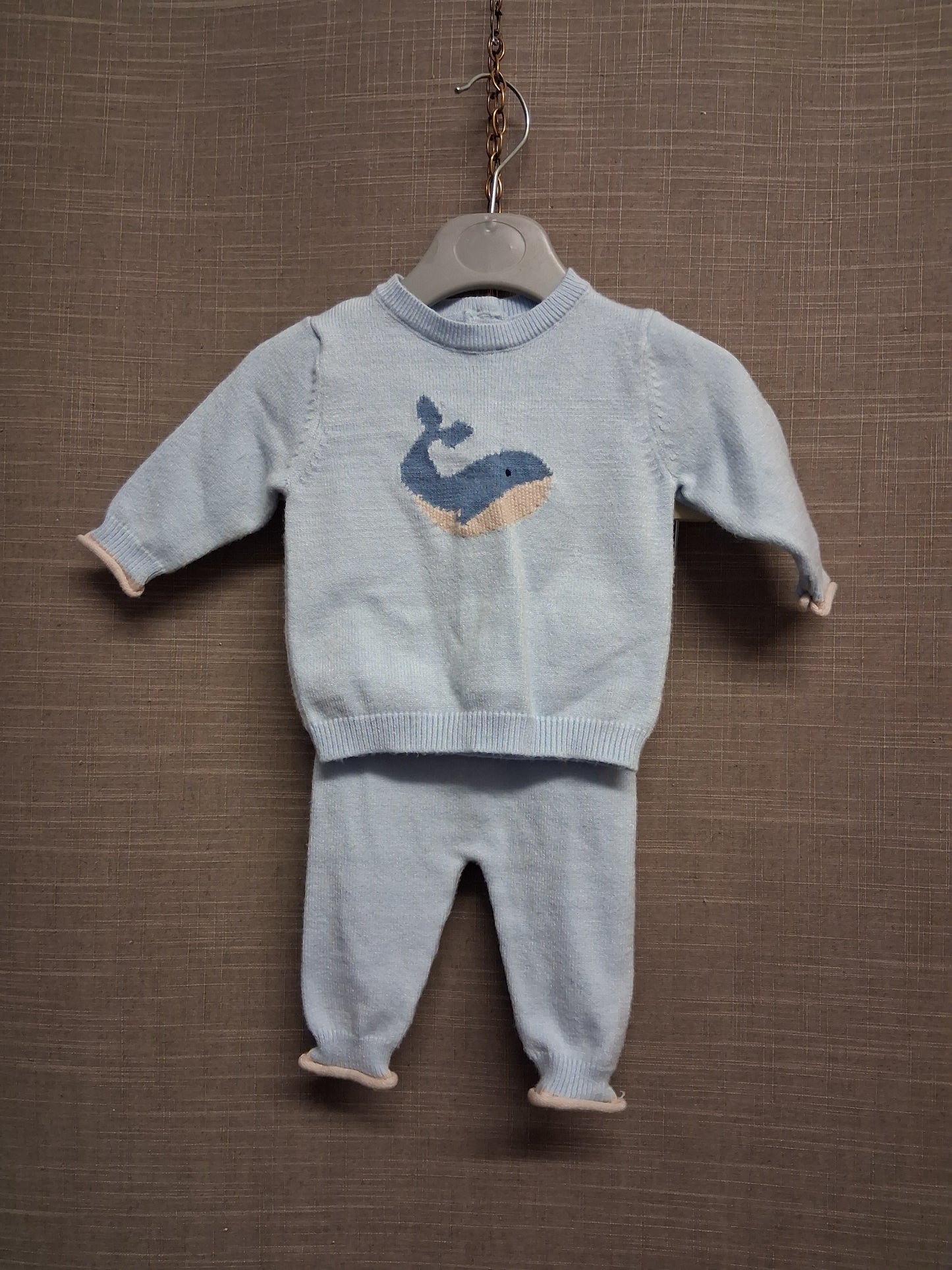 Marks and Spencer Blue Knitted 2 Piece Outfit Jumper and Trousers Age 1 Months