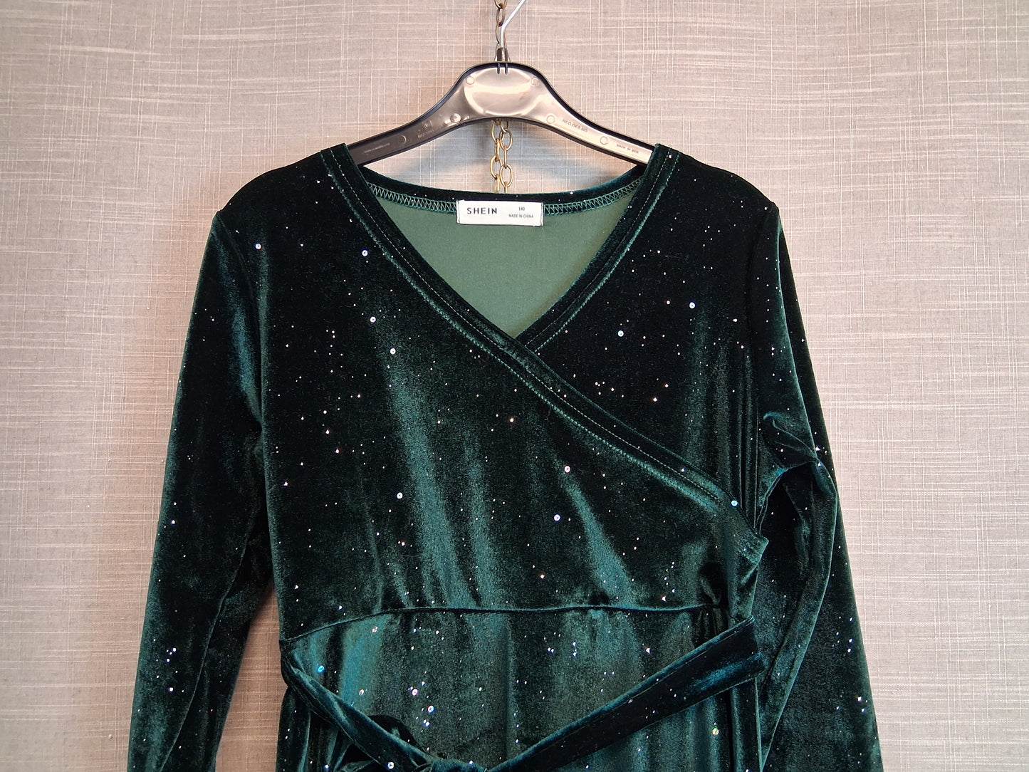 Shein Girls Green Sparkly Velour Dress with Belt Age 9-10 Years