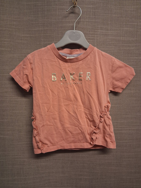 Ted Baker Girls T-Shirt Pink Short Sleeve Ruffle Trim Age 2-3 Years