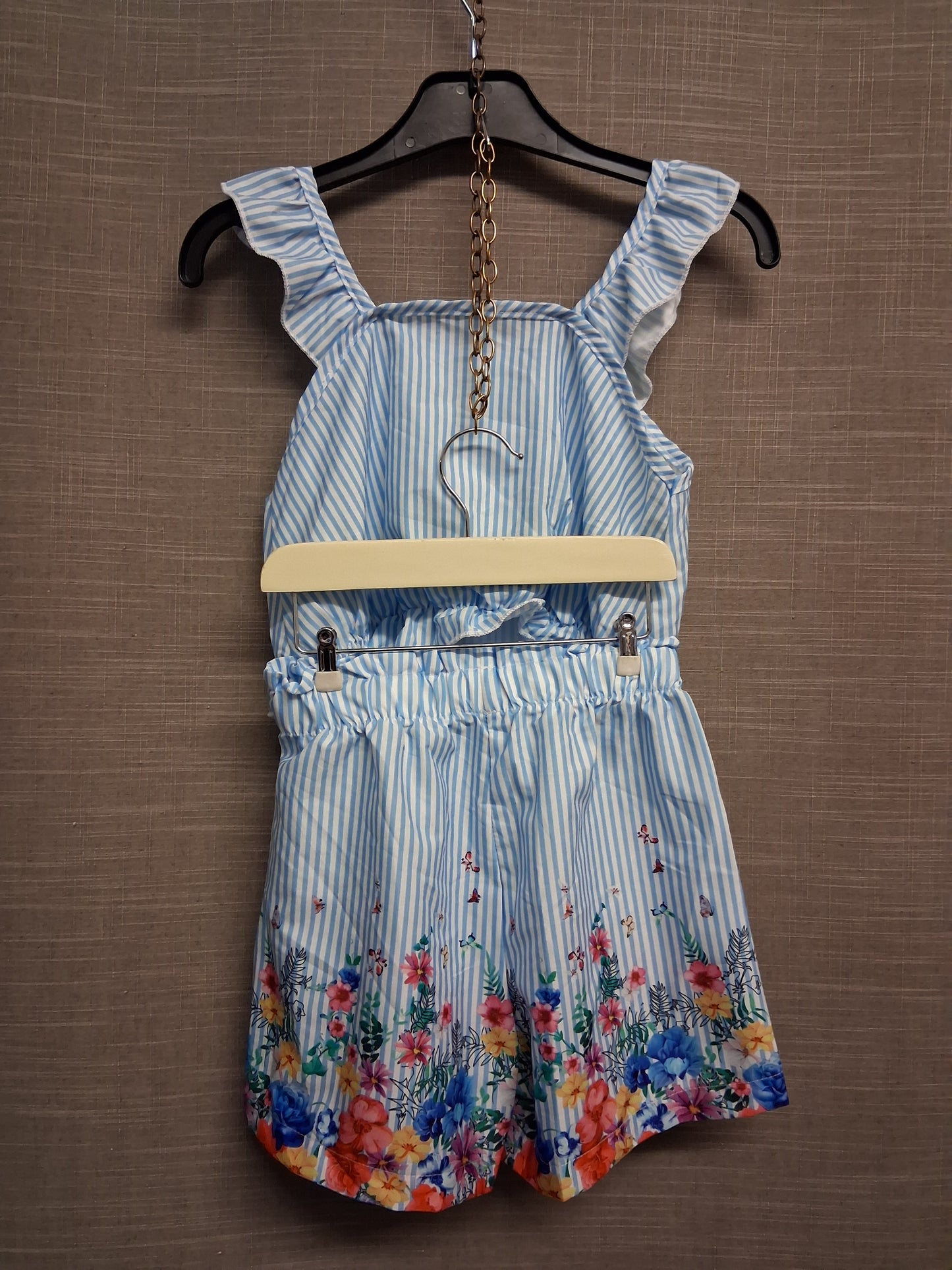 Shein Girls 2 Piece Summer Set Tank Top & Shorts Blue White Striped Floral Age 6 Years