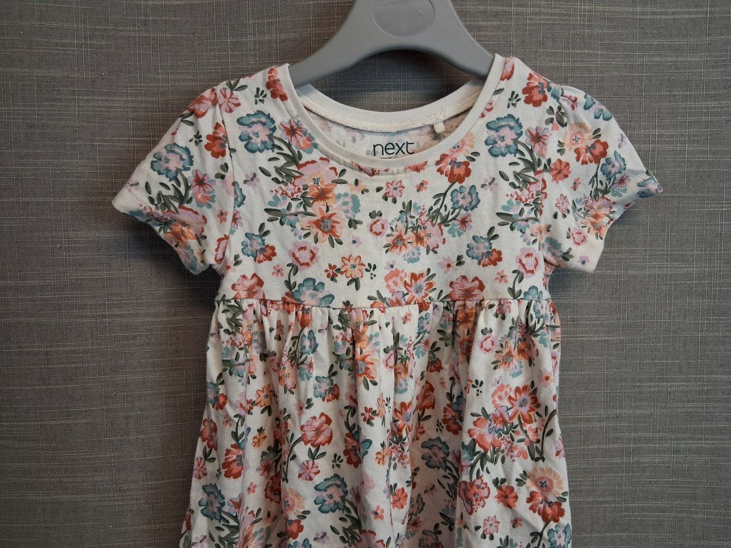 Next Girls Cream Floral Dress Short Sleeve Jersey Age 12-18 Months