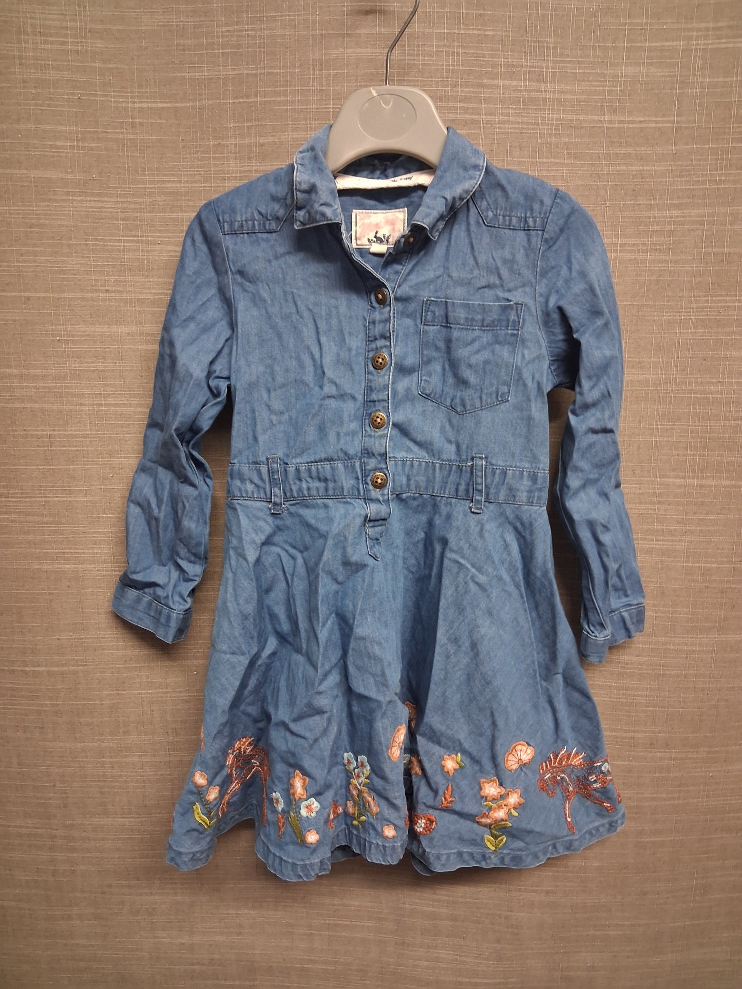 Manatary Girls A Line Denim Dress Blue Long Sleeve Floral Embroidered Trim Age 2-3 Years