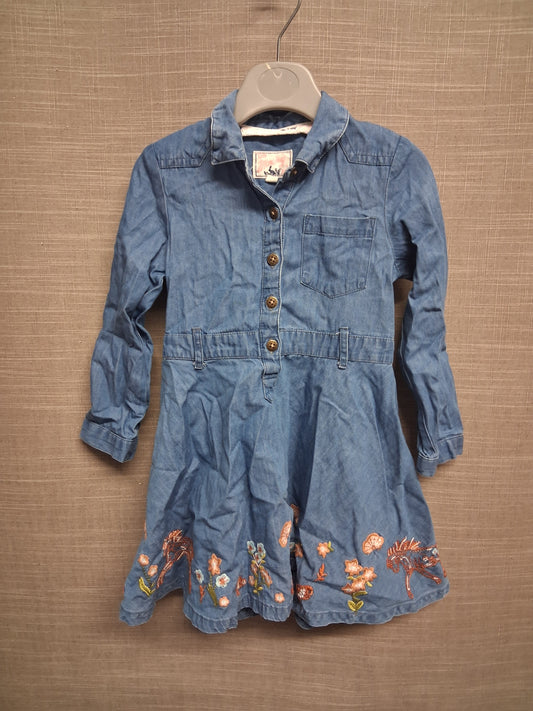Manatary Girls A Line Denim Dress Blue Long Sleeve Floral Embroidered Trim Age 2-3 Years
