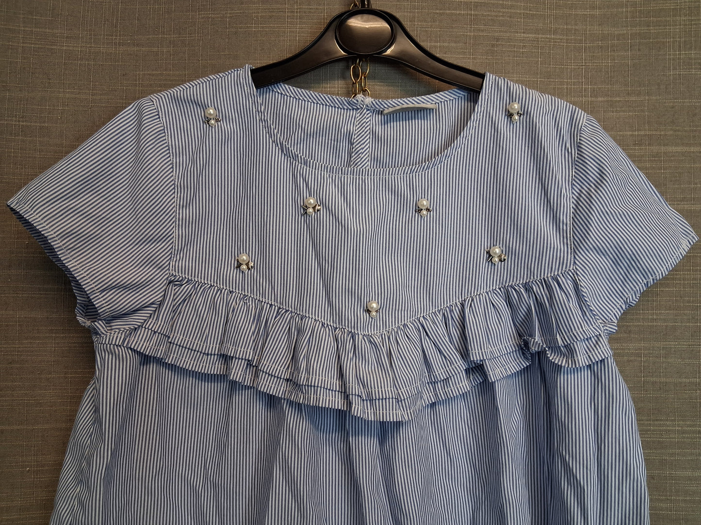 Matalan Girls Blue White Stripe Short Sleeve Top Pearl Detail Age 13 Years