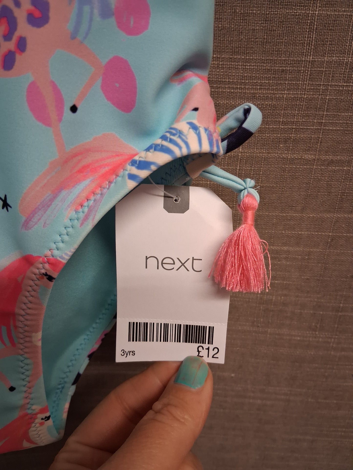Next Girls Blue Pink Flamingo Tassle One Piece Swimsuit Age 3 Years