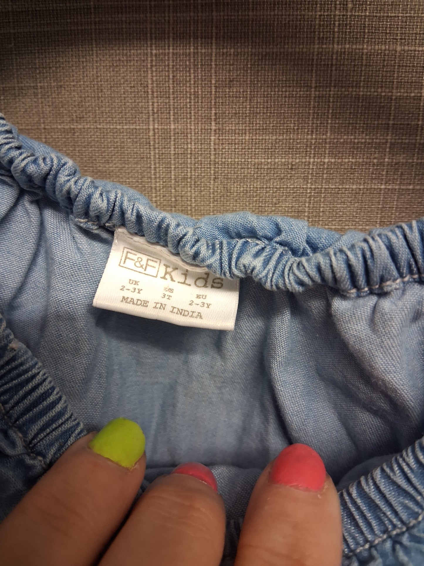 F&F Girls Blue Chambray Denim Blue Off the Shoulder Top Age 2-3 Years