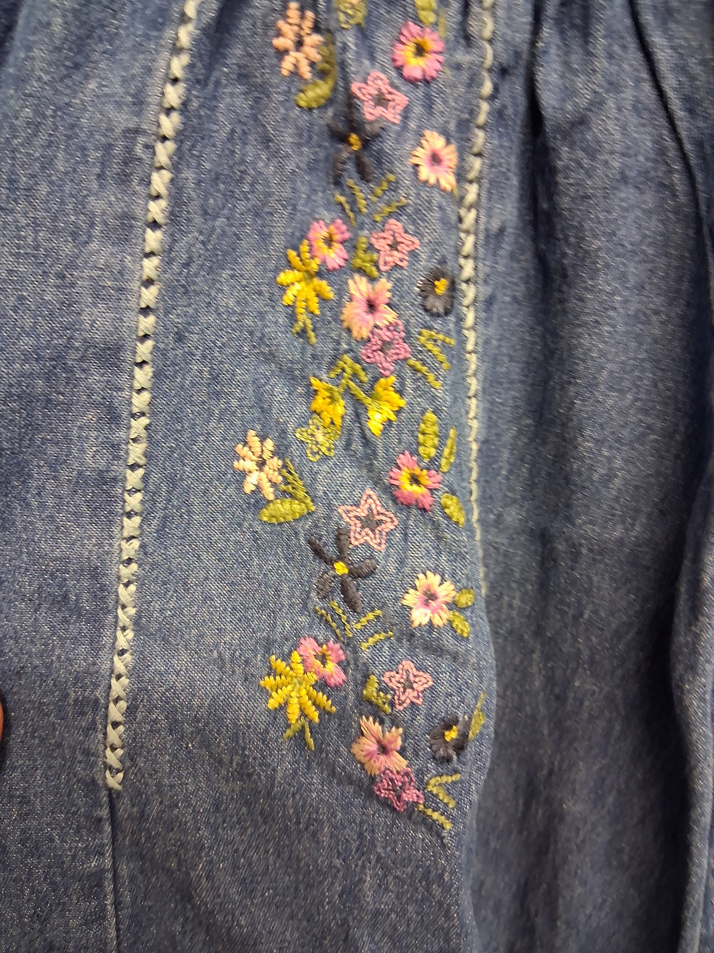 Marks & Spencer Girls Blue Denim Dress Age 2-3 Years Embroidered Floral Detail