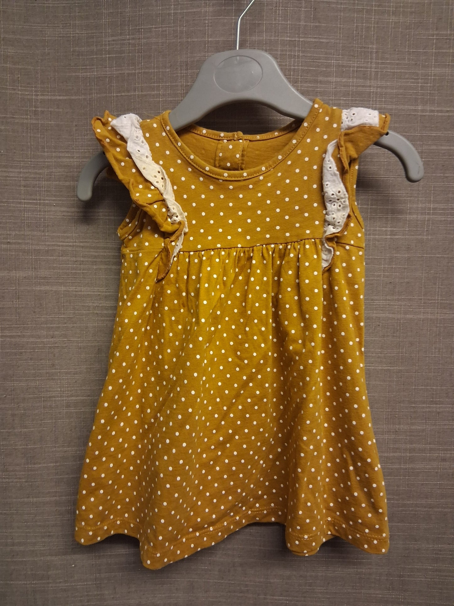 Matalan Girls Mustard Yellow Spotty Jersey Dress Frilly Cap Sleeve Age 3-6 Months