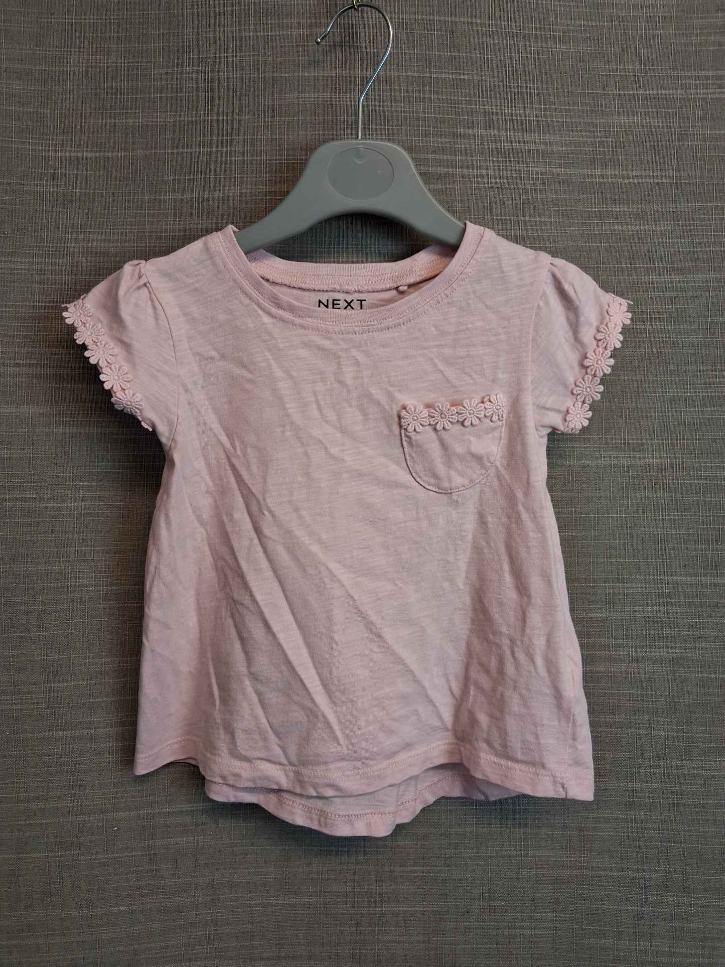 Next Girls Pale Pink T-Shirt Floral Trim Short Sleeve Age 18-24 Months