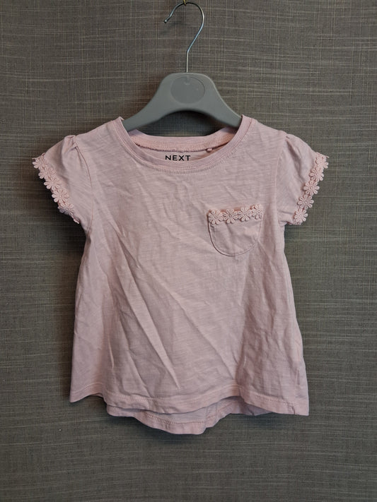 Next Girls Pale Pink T-Shirt Floral Trim Short Sleeve Age 18-24 Months