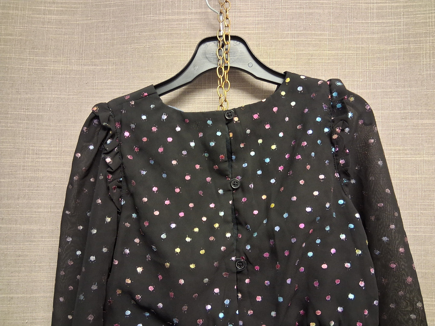 Primark Girls Black Metallic Multicolour Spotty Sheer Long Sleeve Peplum Blouse Top Age 8-9 Years
