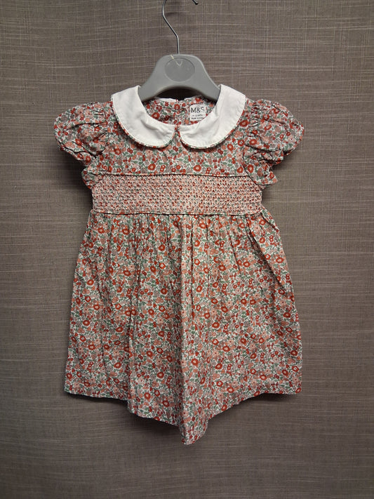 Marks and Spencer Girls Floral Pink Mix Smock Dress Age 9-12 Months New