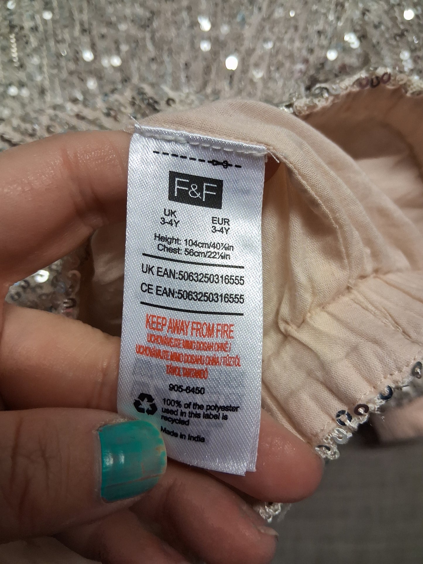 F&F Girls Rose Gold Sequin Bomber Jacket Age 3-4 Years