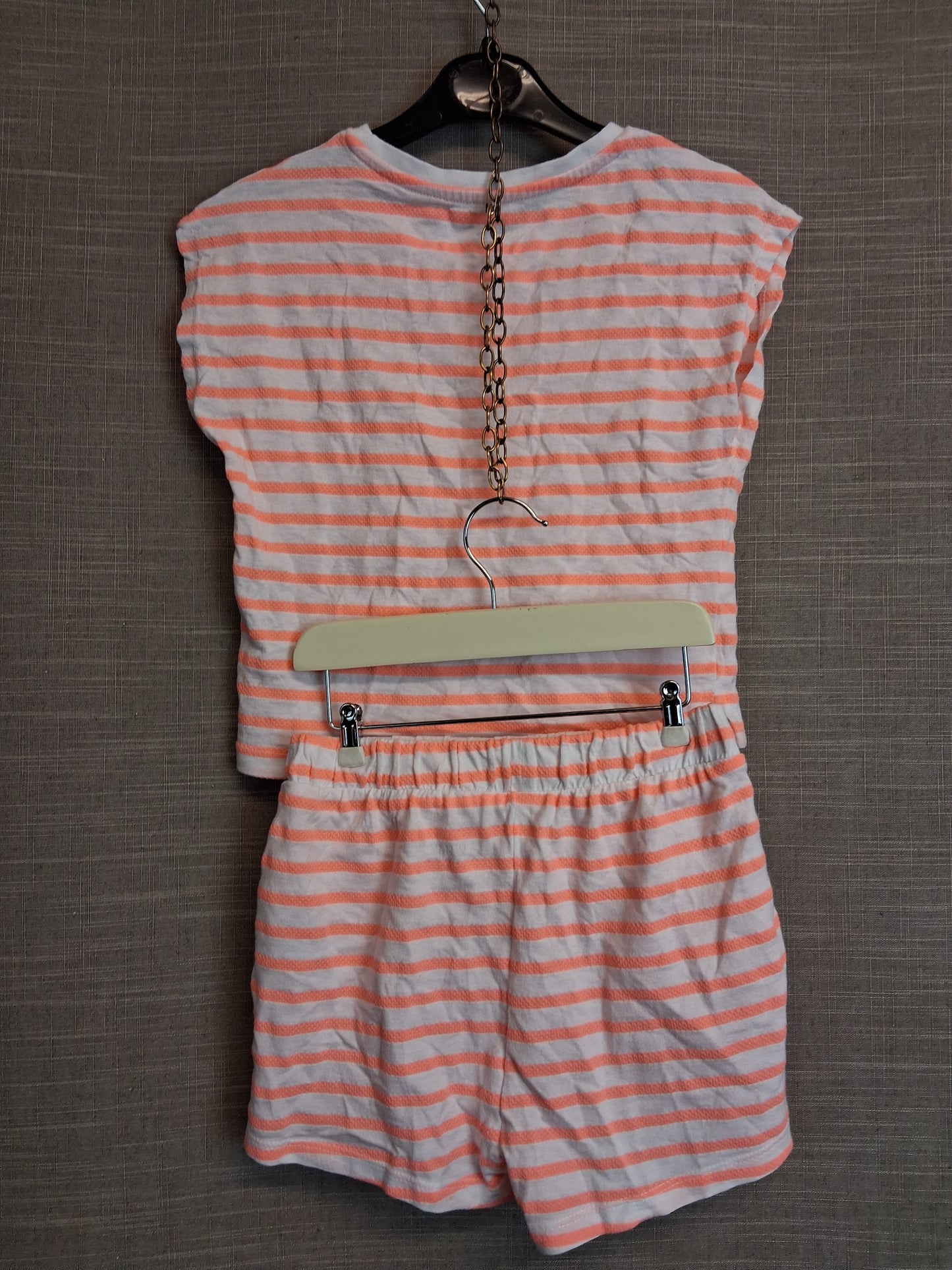 Primark Girls 2 Piece Outfit Age 6-7 Years Neon Orange and White Stripe Shorts & T-Shirt