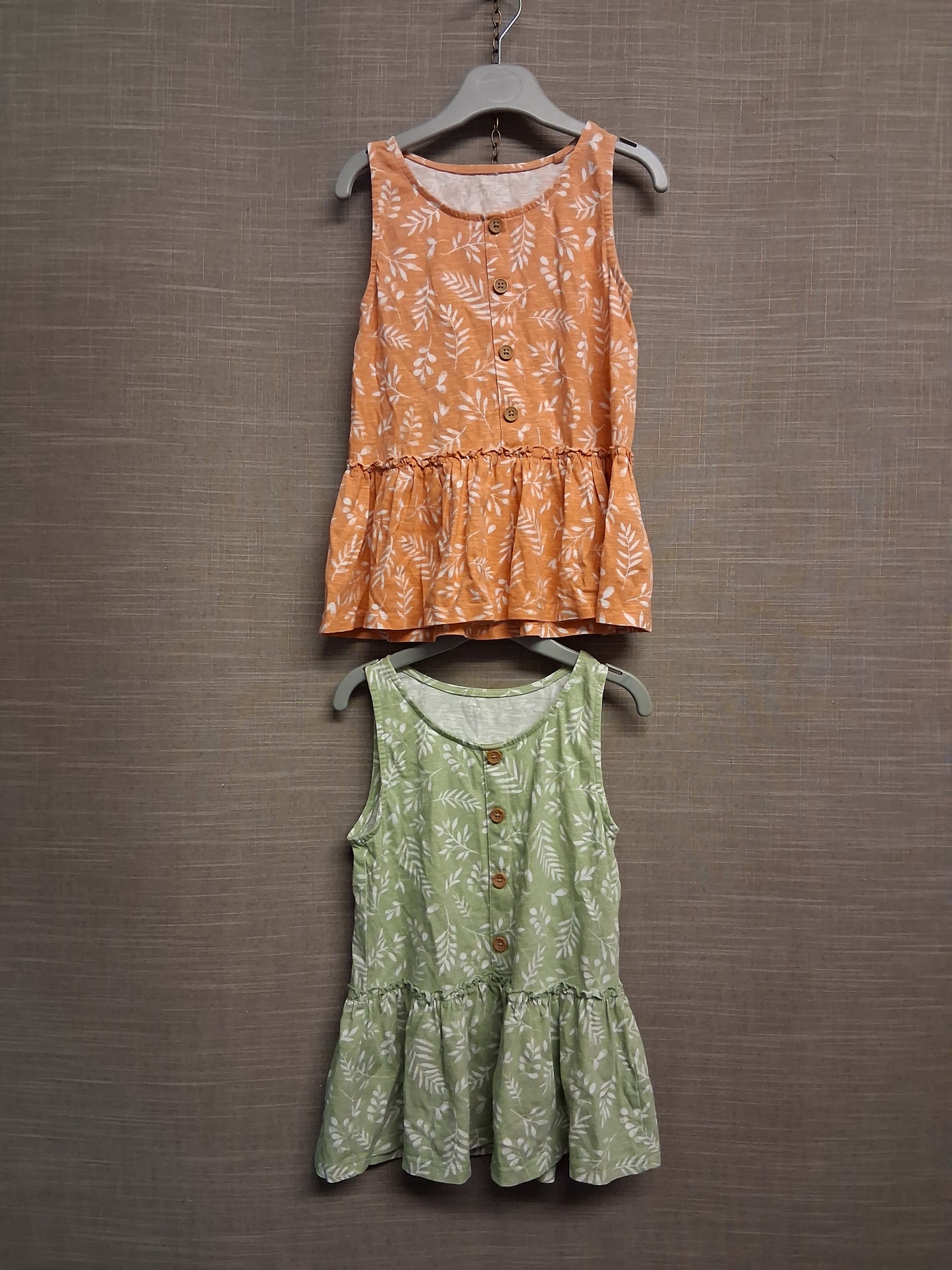 TU Girls 2 Pack Peplum Vest Tops Green/Orange Floral Jersey Age 7 years