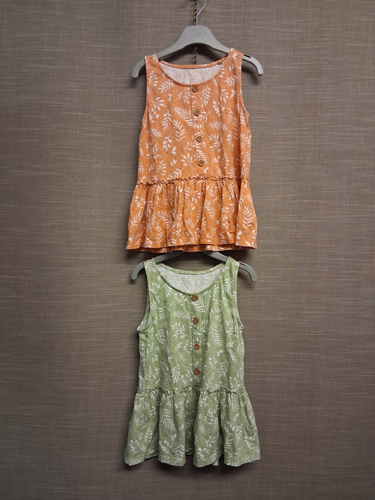 TU Girls 2 Pack Peplum Vest Tops Green/Orange Floral Jersey Age 7 years
