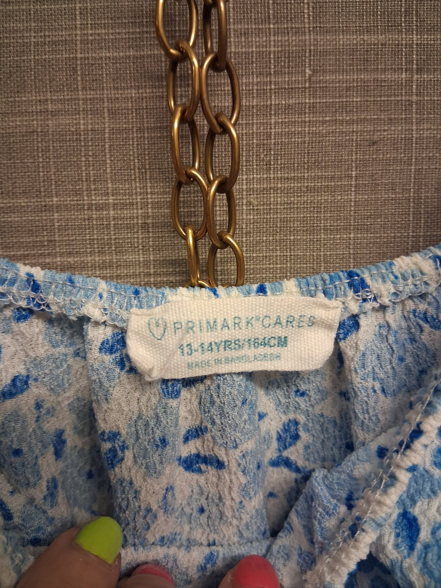 Primark Girls Blue White Floral A Line Dress Off the Shoulder Puff Sleeve Age 13-14 Years