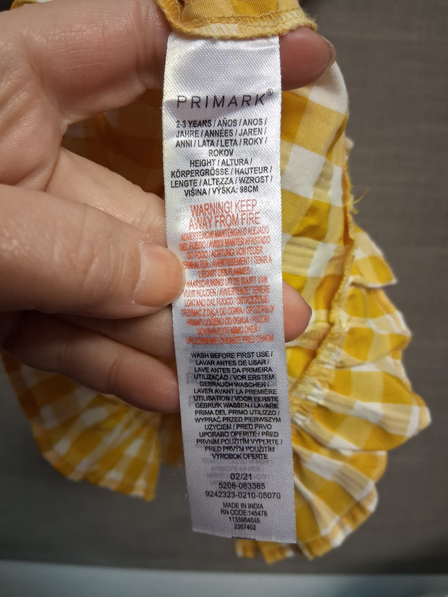 Primark Girls Yellow Gingham Dress Age 2-3 Years