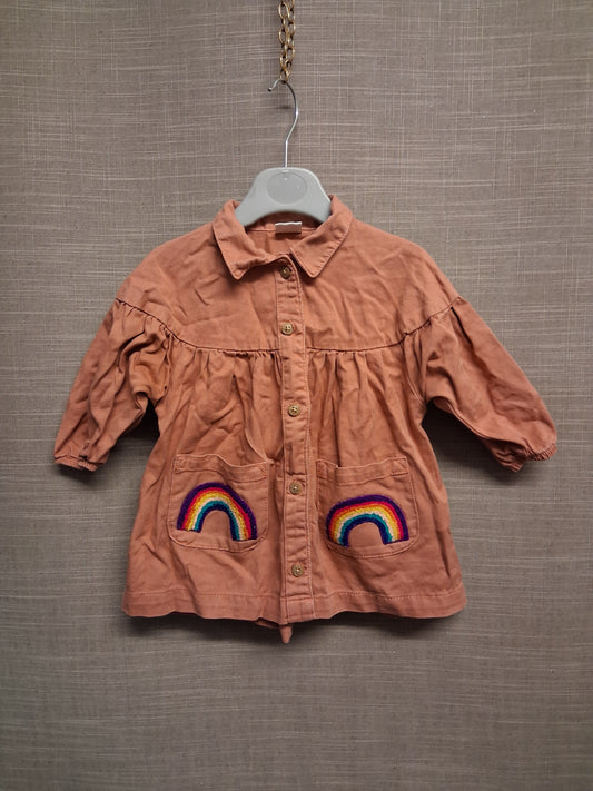 Next Girl Blush Pink Terracotta Shirt Dress Rainbow Pockets Age 3-6 Months