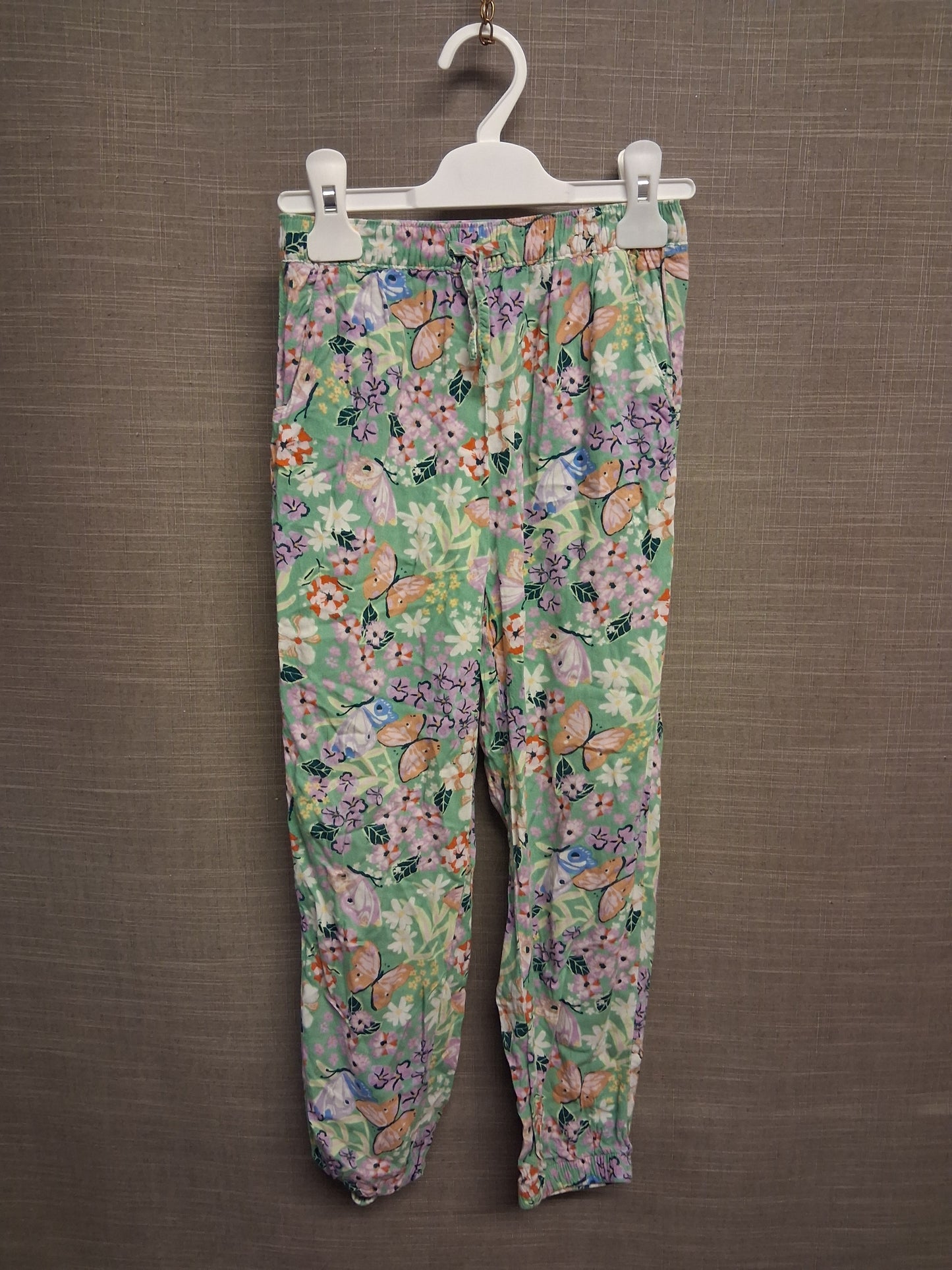 H&M Girls Green Floral Summer Trousers With Pockets Age 7-8 Years