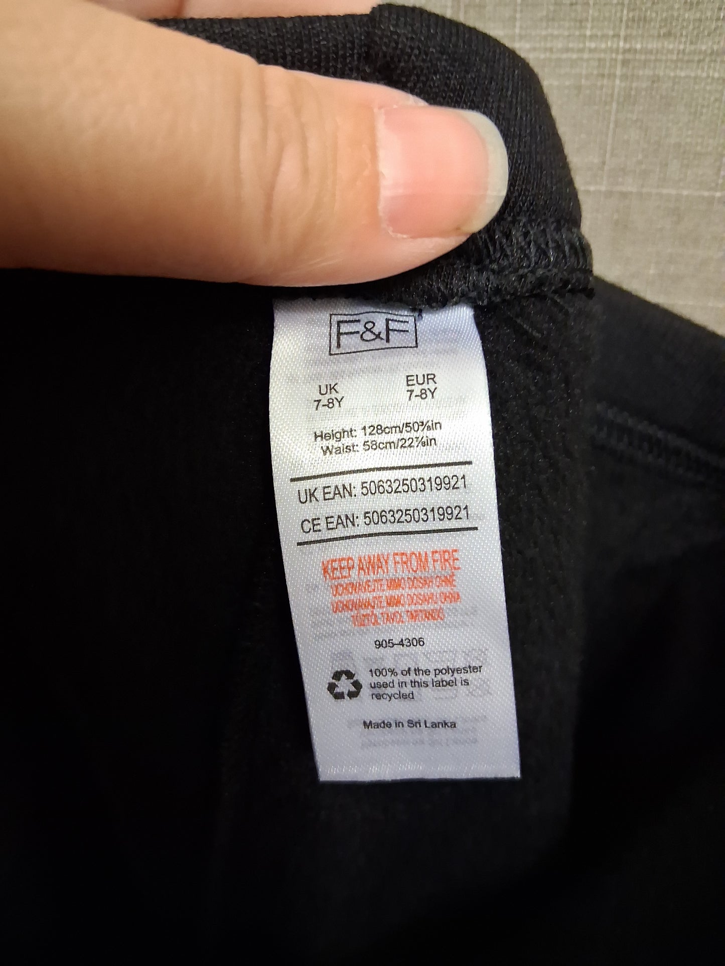 F&F Girls Black Lined Leggings Age 7-8 Years