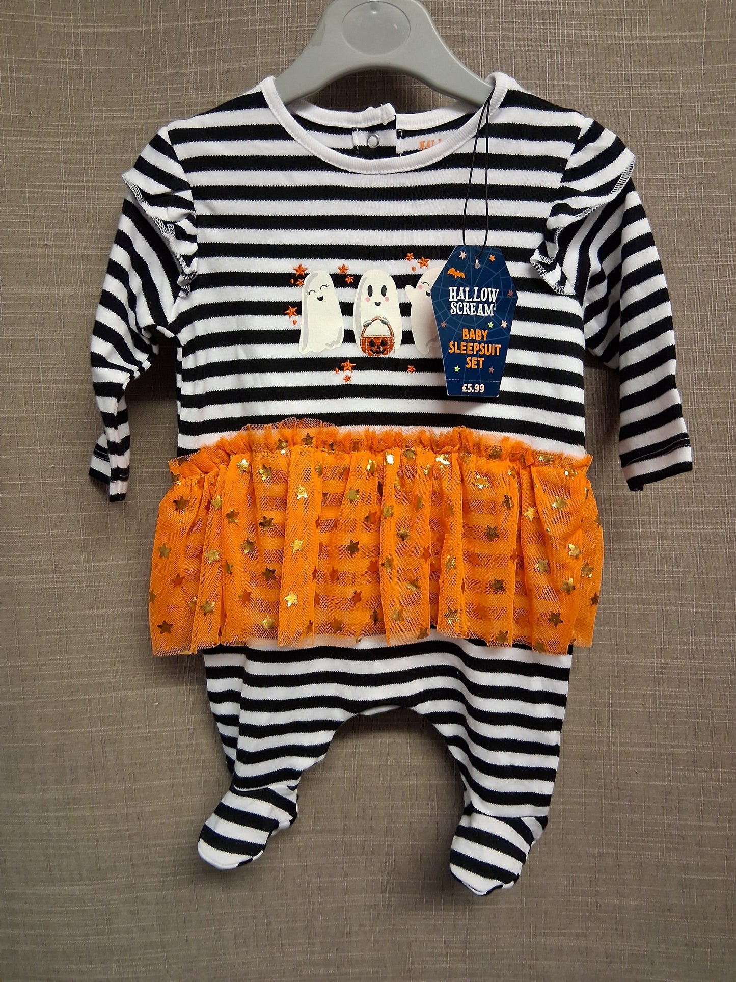 Hallowscream Girls Sleepsuit Halloween Black White Striped Age 0-3 Months New