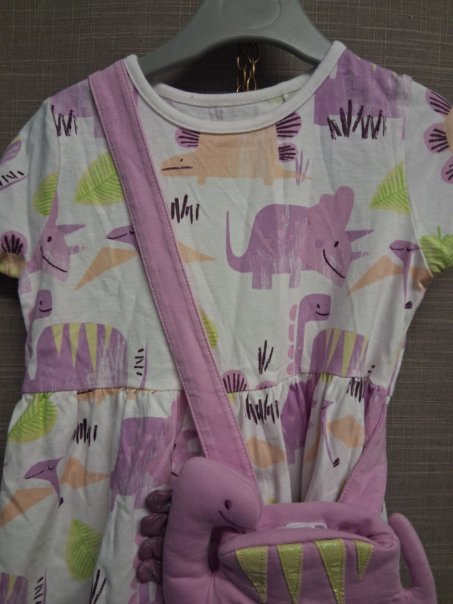 George Girls Lilac White Dinosaur T-Shirt Dress Short Sleeve with Matching Dinosaur Bag Age 2-3 Years