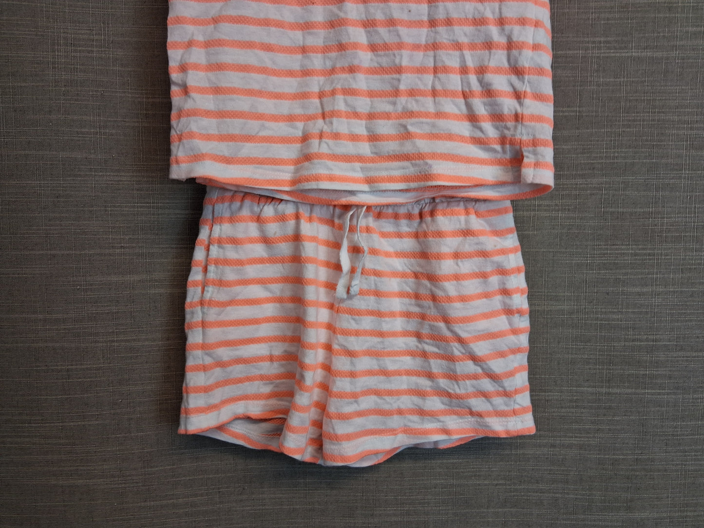 Primark Girls 2 Piece Outfit Age 6-7 Years Neon Orange and White Stripe Shorts & T-Shirt
