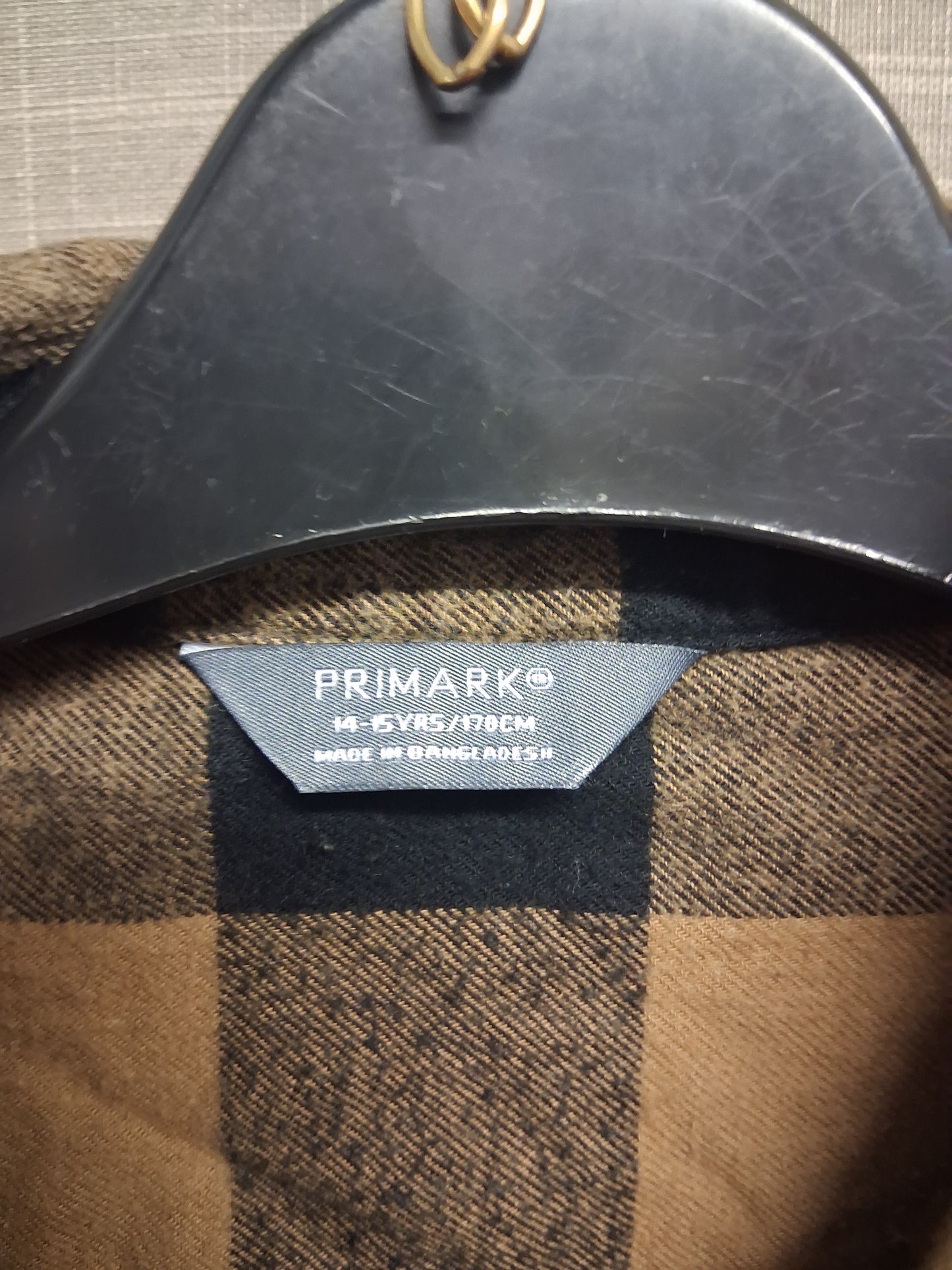 Primark Boys Brown Black Check Long Sleeve Shirt Age 14-15 Years